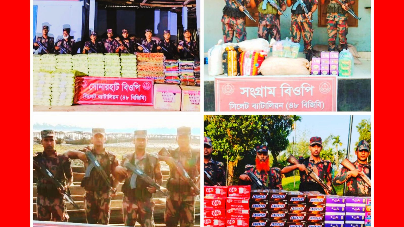সিলেট সীমান্তে বিজিবি’র অভিযানে প্রায় ২ কোটি ৩৮ লক্ষ টাকার চোরাই পণ্য আটক